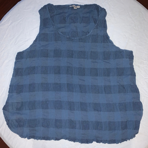 Women's FLAX Blue Plaid striped Linen Blend Tank Top Size L - Picture 2 of 7